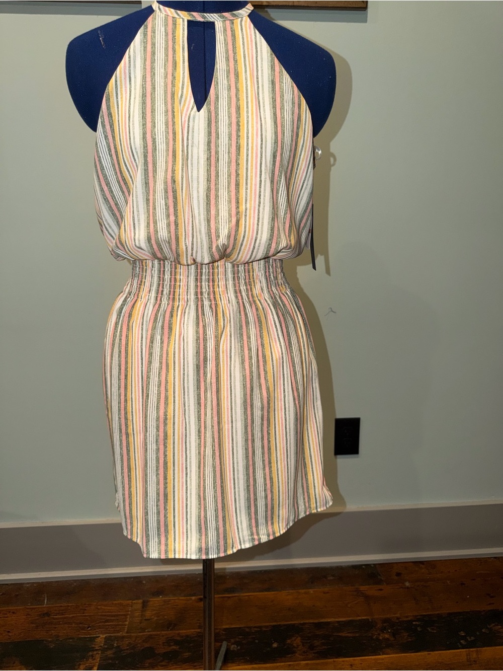 City Studio Striped Halter Mini Dress - White, Pink, Yellow, Green